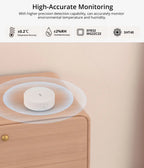 Capteur SONOFF SNZB-02P posé sur un meuble en bois